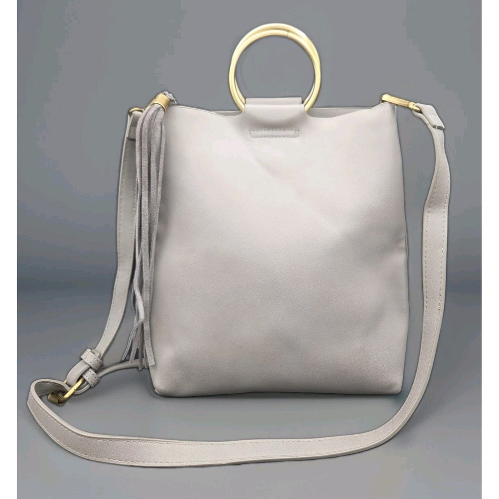 Anthropologie Gray Vegan Leather Circle Top Handle Crossbody Bag Suede Fringe